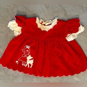 Vintage Nannette Red White Baby Dress Ponytail Girl Deer Embroidery Lace Trim